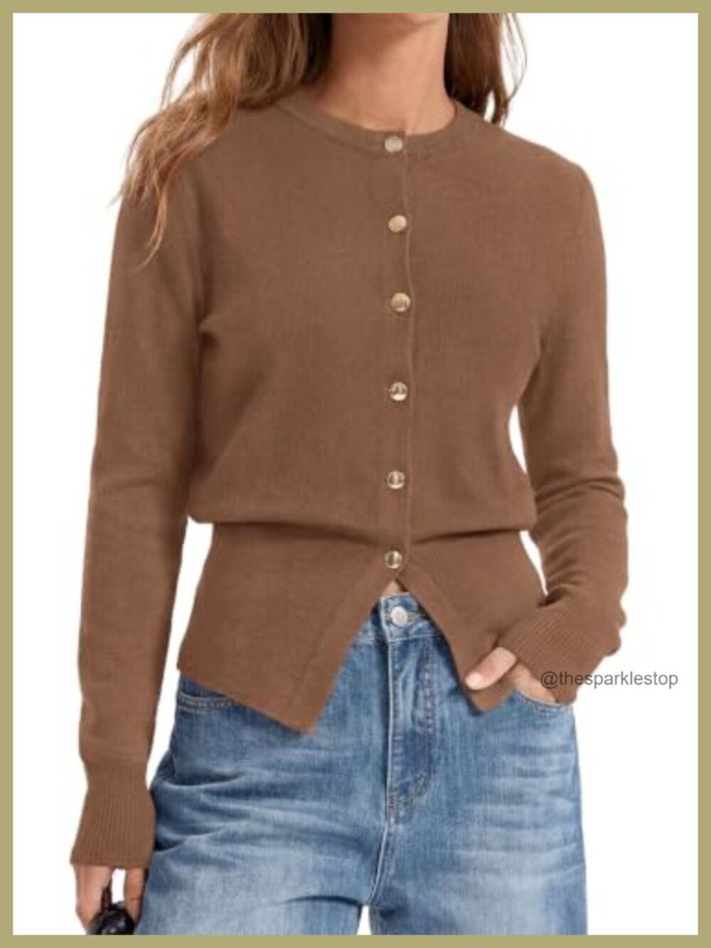 Womens Split Hem Button Down Knit Cardigan Sweater Crew Neck Long Sleeve